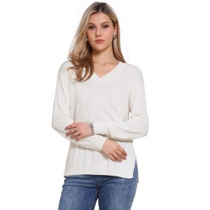 INSPIRE CHIC V Neck Long Sleeve Lightweight Pullover Soft Knitted Tops - 1 of 4