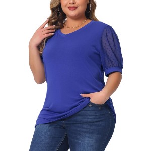 Agnes Orinda Women's Plus Size V Neck Swiss Dots Puff Sleeve Loose Casual Dressy Blouses - 1 of 4