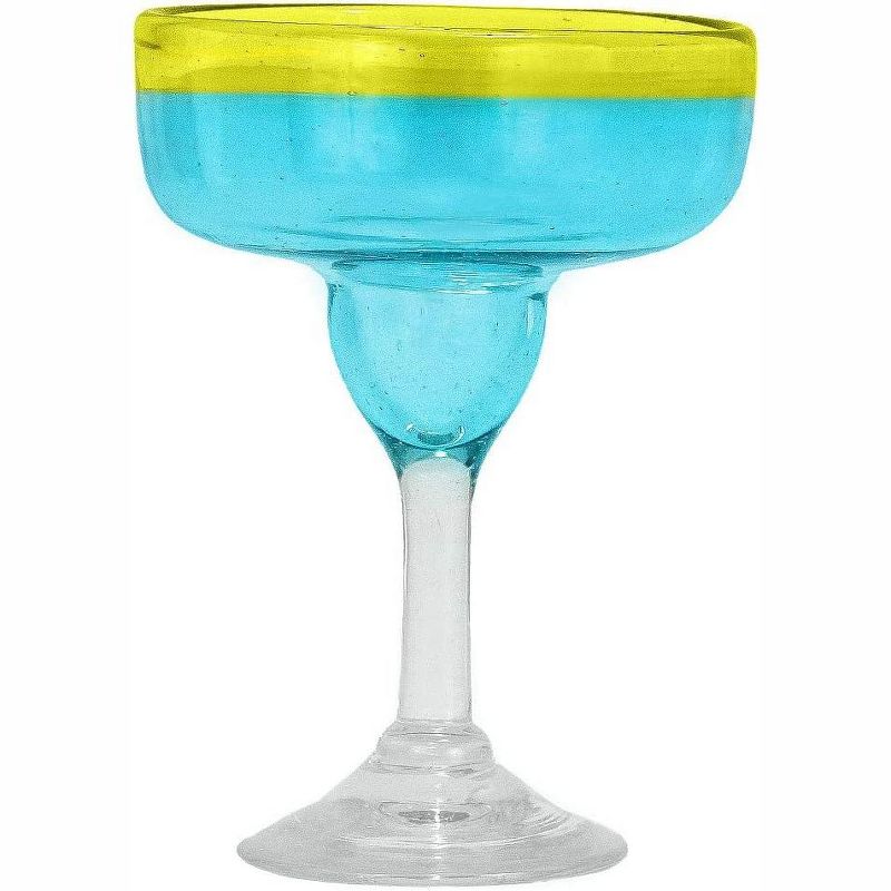 Amici Home Acapulco Authentic Mexican Handmade Margarita Glasses, Barware for Cocktails, Round Blue Glass, Yellow Rimmed, 15-Ounces, Set of 4,, 2 of 8