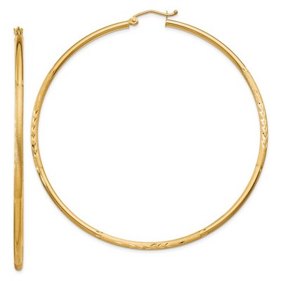 Black Bow Jewelry 2mm x 65mm 14k Yellow Gold Satin & Diamond-Cut Round Hoop Earrings