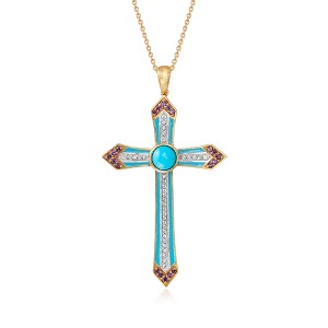 Ross-Simons Turquoise, 0.30 ct. t.w. Amethyst and .30 ct. t.w. White Topaz Cross Pendant Necklace With Enamel in 18kt Gold Over Sterling - 1 of 4