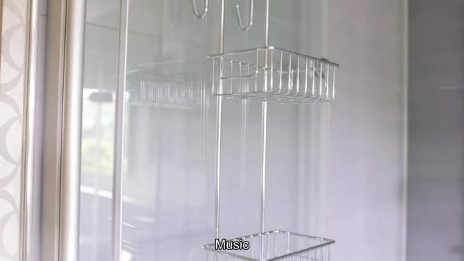 Bamodi 27" x 8" Stainless Steel Hanging Shower Caddy Shelf with Hooks - 2 Tier - Silver, 6 of 7, play video