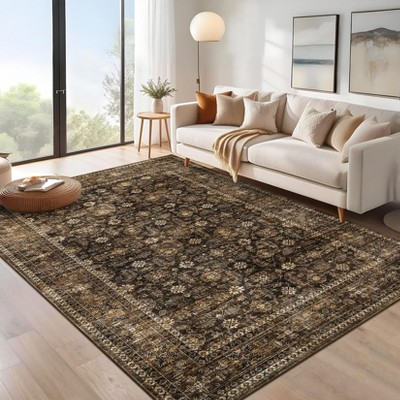 Elegant Floral Inspired Thin Indoor Rug, Non Slip Washable Low Pile Carpet Mat with Stain Resistant Backing and Reinforced Edges, Perfect