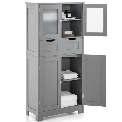Tangkula Tall Bathroom Storage Cabinet Freestanding Floor Cabinet w/2 Double Door Cabinet& 2 Drawers 3-position Adjustable Shelves