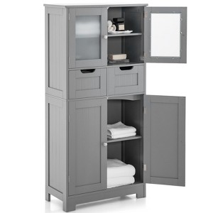 Tangkula Tall Bathroom Storage Cabinet Freestanding Floor Cabinet w/2 Double Door Cabinet& 2 Drawers 3-position Adjustable Shelves - 1 of 4