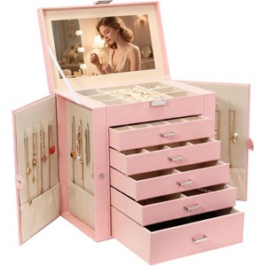 6-Layer Jewelry Box with Mirror, Lock, and 5 Drawers - Silver & Black - 1 of 4