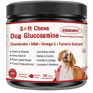 ZEBORA Dog Glucosamine with Chondroitin, MSM, Omega-3, Turmeric, Vitamins, Calcium & Phosphorus for Joint Pain Relief & Bone Health - 120 Soft Chews - 1 of 4