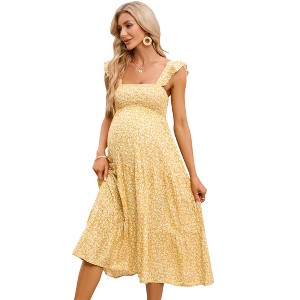 Womens Square Neck Smocked Maternity Dress Flutter Sleeve Summer Maxi Sundress - 1 of 4