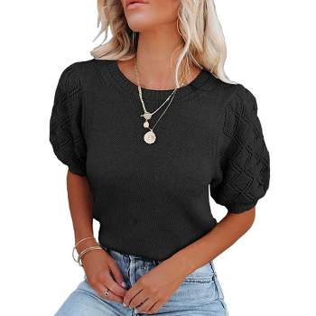 Womens Short Sleeve Lightweight Sweaters Crewneck Knit Pullover Tops with Crochet Sleeve Casual Crochet Blouse Shirt for Spring, Summer