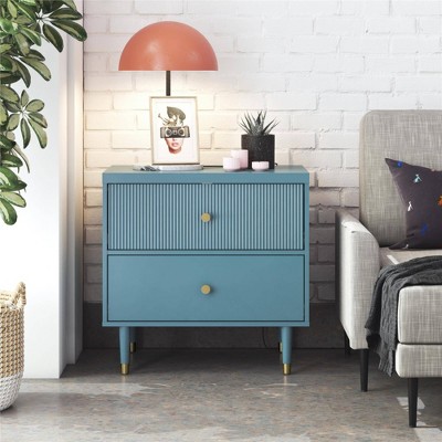 Smoke Blue 2-Drawer Nightstand with Gold Accents