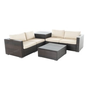 GDFStudio Avianna Outdoor Wicker 4 Seater Sectional Sofa Chat Set with Storage Ottoman, Multibrown/Beige - 1 of 4