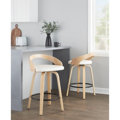 Set of 2 White Swivel Counter Stools with Wood Legs