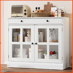 Homhougo 35.4" Sideboard Buffet Cabinets with Storage, Kitchen Coffee Bar Cabinet with Glass Door, Modern Sideboard Buffet with Drawer White - 1 of 4