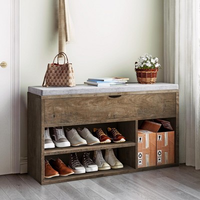 Shoe Storage Bench with Cushion, Entryway Bench with 2 Tiers Open Shoe Rack and Lift-Top Storage Box, Wooden Shoe Bench