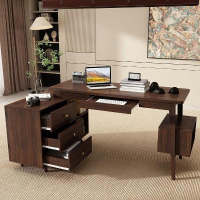 FUFU&GAGA Adjustable L-Shaped Home Office Desk with Large Storage Drawers