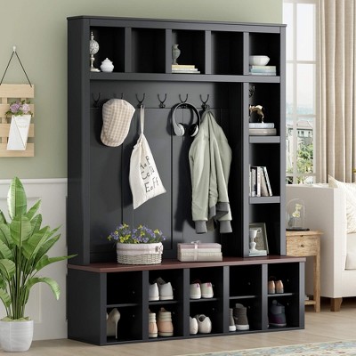 ORRD 76.7" Farmhouse Hall Tree, Black Wooden Entry Bench with 6 Hooks, Adjustable Shelves 13 Storage Compartments