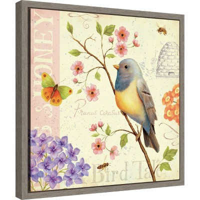 Spring Birds and Bees Watercolor Canvas Print with Gray Frame