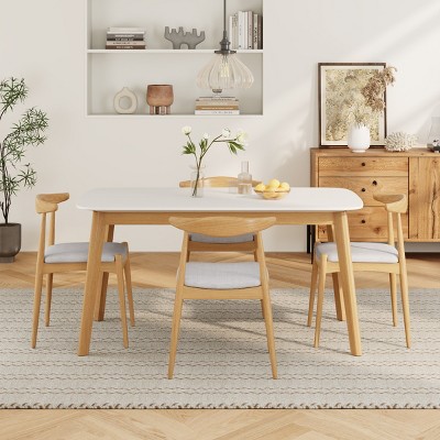5 PCS Modern Dining Set, Solid Wood Frame Table with Faux Wood Top, Upholstered Chairs with Wood Frame and Polyester Cushion-Coolbibila