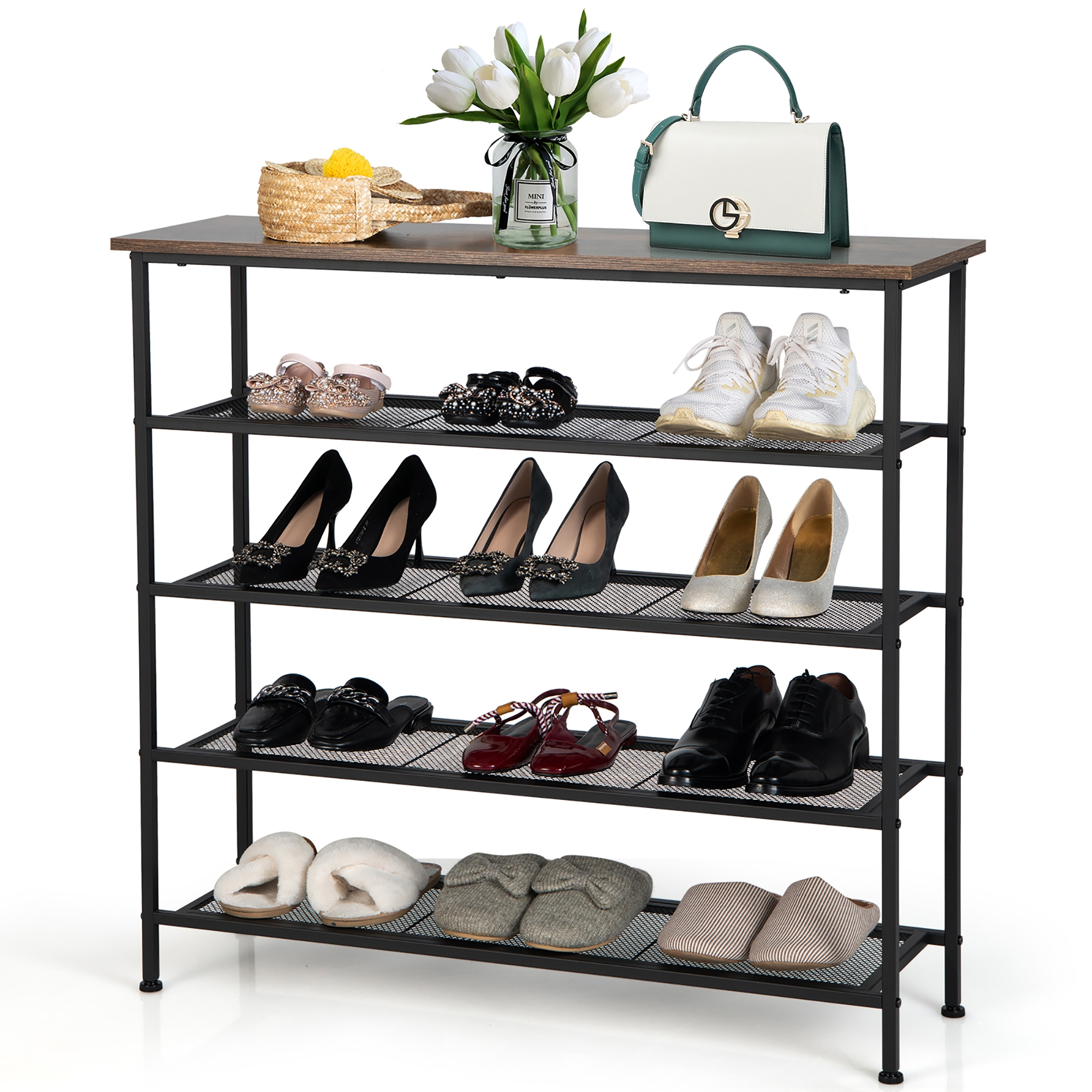 Costway Shoe Rack 5-Tier Shoe Storage Organizer W/4 Metal Mesh Shelves for 16-20 Pairs