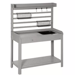 Outsunny Potting Bench Table, Garden Work Bench, Workstation with Metal Sieve Screen, Removable Sink, Hooks Baskets for, Courtyards, Balcony, gray