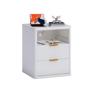 GustoWave Fluted Nightstand with Drawers, Mid Century Modern Bedside Table with Open Storage Space, Metal Handles and Rounded Corners - 1 of 4