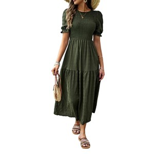Women's Summer Crew Neck Short Sleeve Smocked Midi Dress Casual Elastic Waist Tiered A Line Maxi Dress - 1 of 4