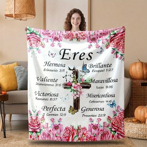 Spanish Bible Verses Floral Cross Throw Blanket - Pink Roses, Green Foliage & Blue Butterflies - Soft Plush Flannel Christian Gift. - 1 of 4