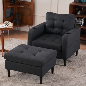 Upholstered Armchair and Storage Ottoman Set, Single Sofa with Cup Holders and Tufted Detailing, 4L-ModernLuxe - 1 of 4