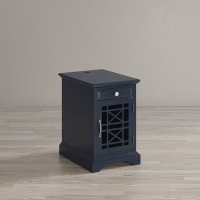 Navy Blue Wood and Glass Rectangular End Table with Storage