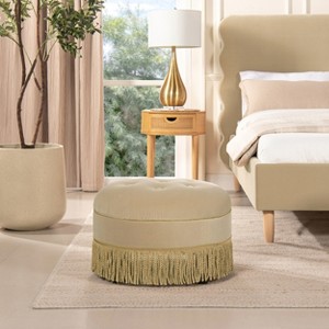 Christopher Knight Home Jonathan 24" Button-Tufted Round Velvet Upholstered Ottoman with Tassel Rope, Brown - 1 of 4