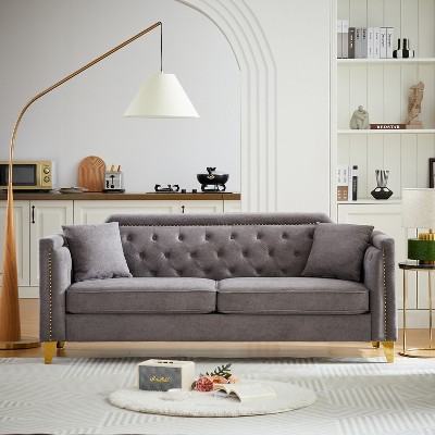VASIP Mid-Century Modern Sofa -Black Chenille Upholstered Pull Buckle Design Living Room Couch with Buttons Tufted