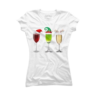 Junior's Design By Humans Red Wine Glass Santa Elf Hat Reindeer Horn Christmas By Forever9 T-Shirt