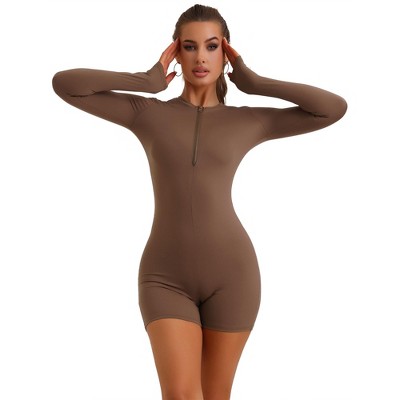 Allegra K Women's Front Zipper Jumpsuit Shorts Long Sleeve Slim Fit Unitard Body Shapers Stretchy Romper Workout Outfits