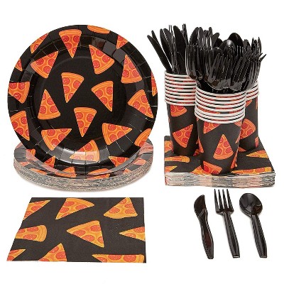 Juvale 24 Set Pizza Birthday Party Supplies Pack with Plate Napkin Cup Knife Spoon Fork