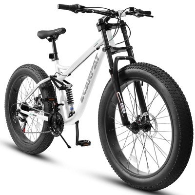 INFURNIC Bicycles 26 Inch Full Suspension Mountain Bike with Shimano 21 Speeds and Fat Tires for Men, White, 56.3"*7.88"*28.35"