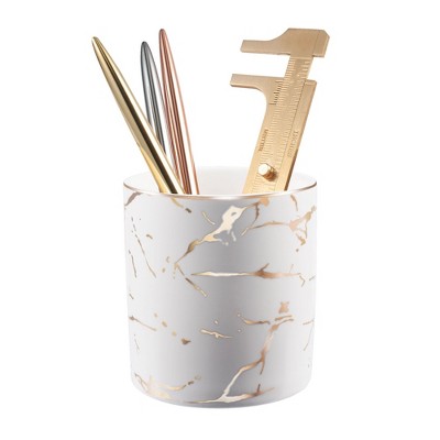 Zodaca Pen Holder, Ceramic Marble Pencil Cup Desk Organizer Makeup Brushes Holder, White with Gold Accent