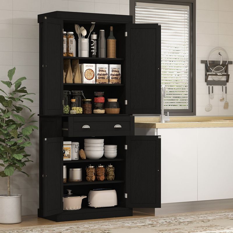 HOMCOM 72" Traditional Freestanding Kitchen Pantry Cupboard with 2 Cabinet, Drawer and Adjustable Shelves, Black Wood Grain, 2 of 7