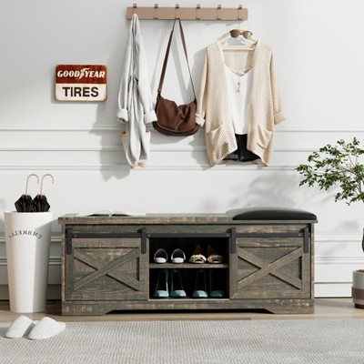 47"W Farmhouse Shoe Bench Storage Bench with Sliding X Barn Door,  Adjustable Shelves and Cushion-ModernLuxe