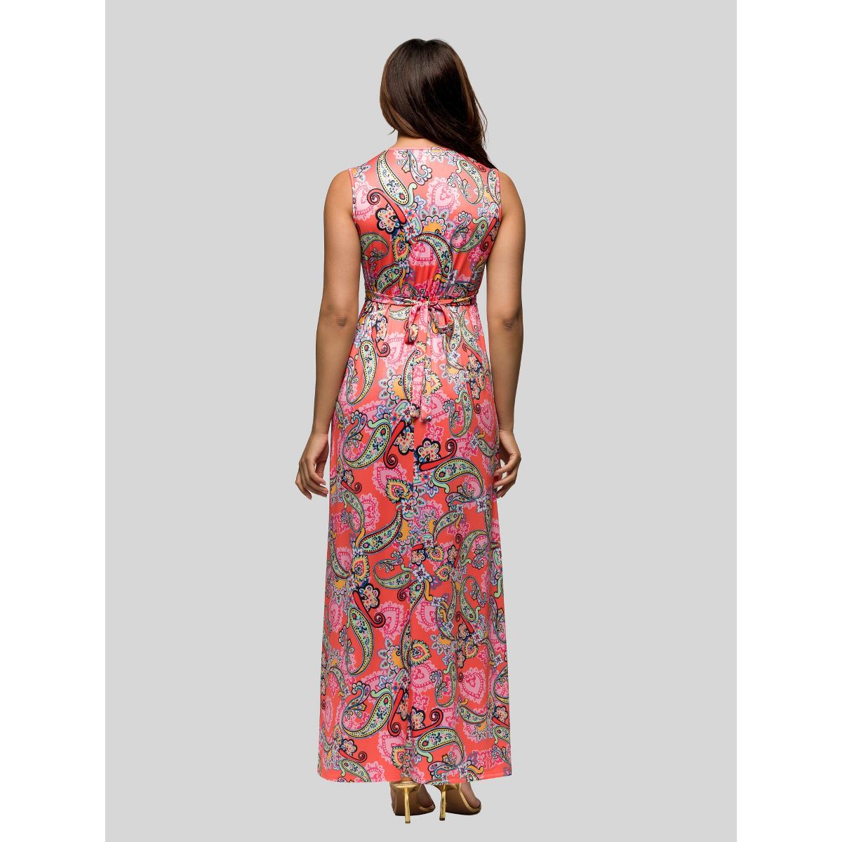 24seven Comfort Apparel Womens Pink Paisley Print V Neck Empire Waist Sleeveless Maxi Dress - thumbnail 3