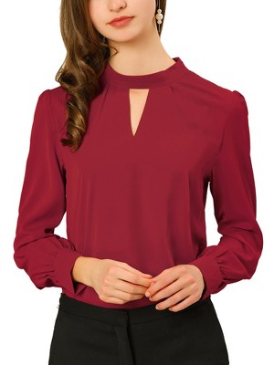 INSPIRE CHIC Women's Office Keyhole Elegant Stand Collar Long Sleeve Back Neck Button Blouse