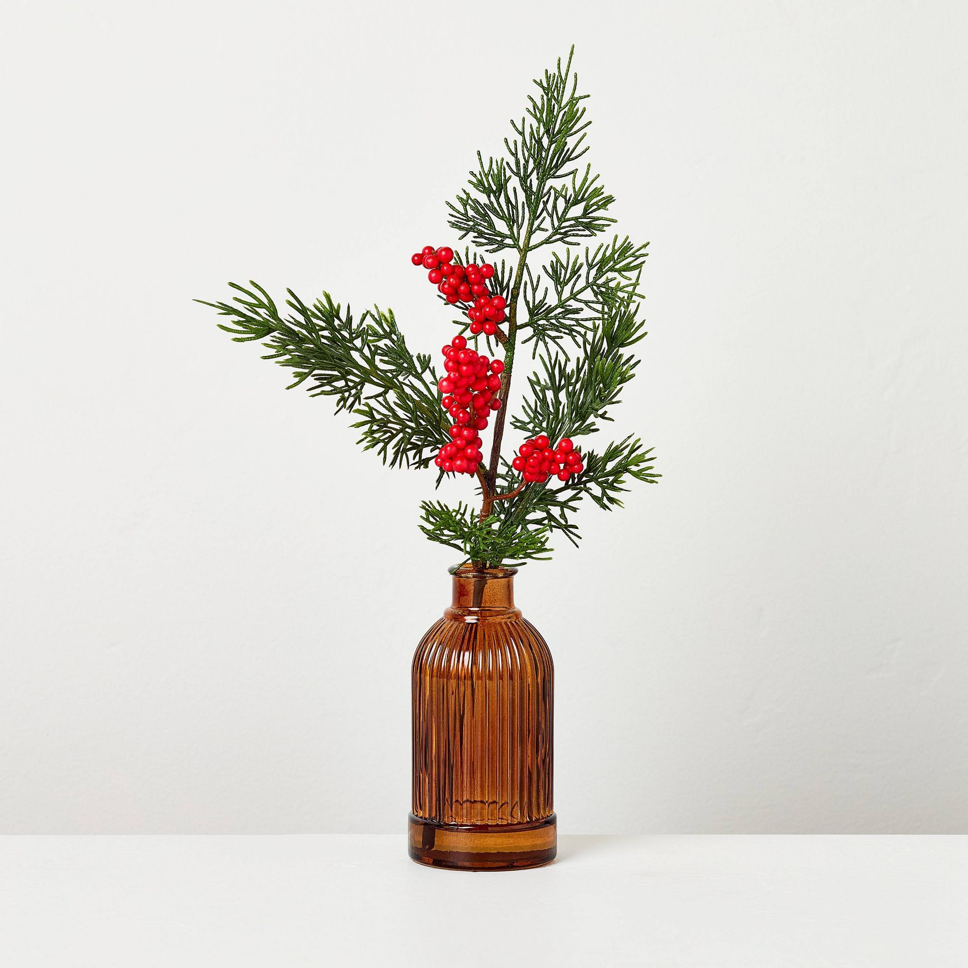 13.5" Small Cypress and Red Berry in Ribbed Amber Vase Artificial Arrangement - Hearth & Hand™ with Magnolia