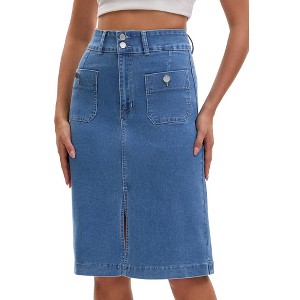 INSPIRE CHIC Women's Denim Pockets High Waisted Front Slit Stretch Sheath Midi Jean Skirts - 1 of 4