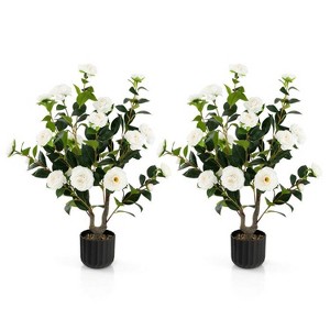 Cesicia 38 Inch Artificial Camellia Tree Faux Flower Plant in Cement Pot, for Home Decor, 2Pcs - 1 of 4