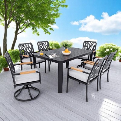 Mshliw 7-Piece Outdoor Patio Aluminum Furniture Set, Dining Table with 4 Dining Chairs & 2 Swivel Rockers, Sunbrella Cushions, Brown Frame