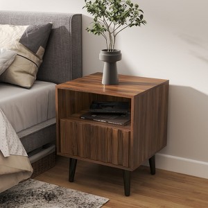 Bekrvio Mid Century Modern Fluted Nightstand with Solid Wood Legs,19.7" Walnut Side Table with Drawers & Open Storage for Bedroom,Living Room - 1 of 4
