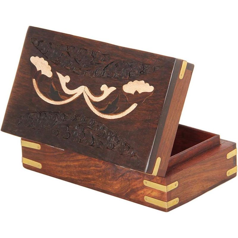 Store Indya Handmade Decorative Wooden Jewelry Box - Floral Carvings & Brass Inlays - Trinket Chest, Keepsake Box & Home Decor Gift, 5 of 8