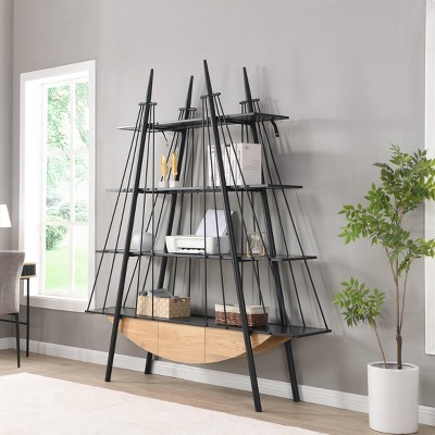Sapphtopaz Sailboat-Shaped Bookcase with Storage, Modern Unique Nautical Design Entertainment Center with Drawer for Living Room, Office