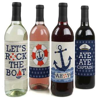 Big Dot of Happiness Ahoy - Nautical - Baby Shower or Birthday Party Decorations for Women and Men - Wine Bottle Label Stickers - Set of 4