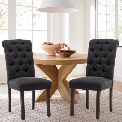 Set of 2 Tufted Upholstered Dining Chairs with High Back and Wood Legs, Fabric Parsons Side Chairs for Kitchen or Dining Room