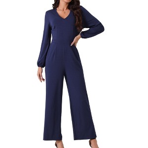 Seta T Women's V Neck Long Sleeve High Waist Wide Leg Casual Jumpsuits with Pockets - 1 of 4